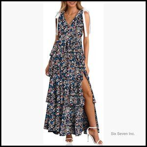 Polyester Summer Maxi Dress with V-Neck Sleeveless Tie Strap High Slit